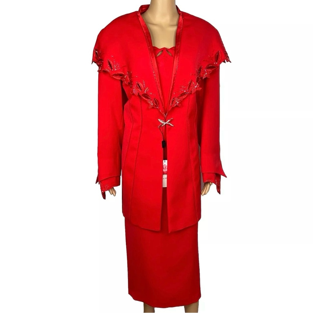Milano Polyester Skirt Suit Red Beaded Elegant Stand Up Collar 2PC New